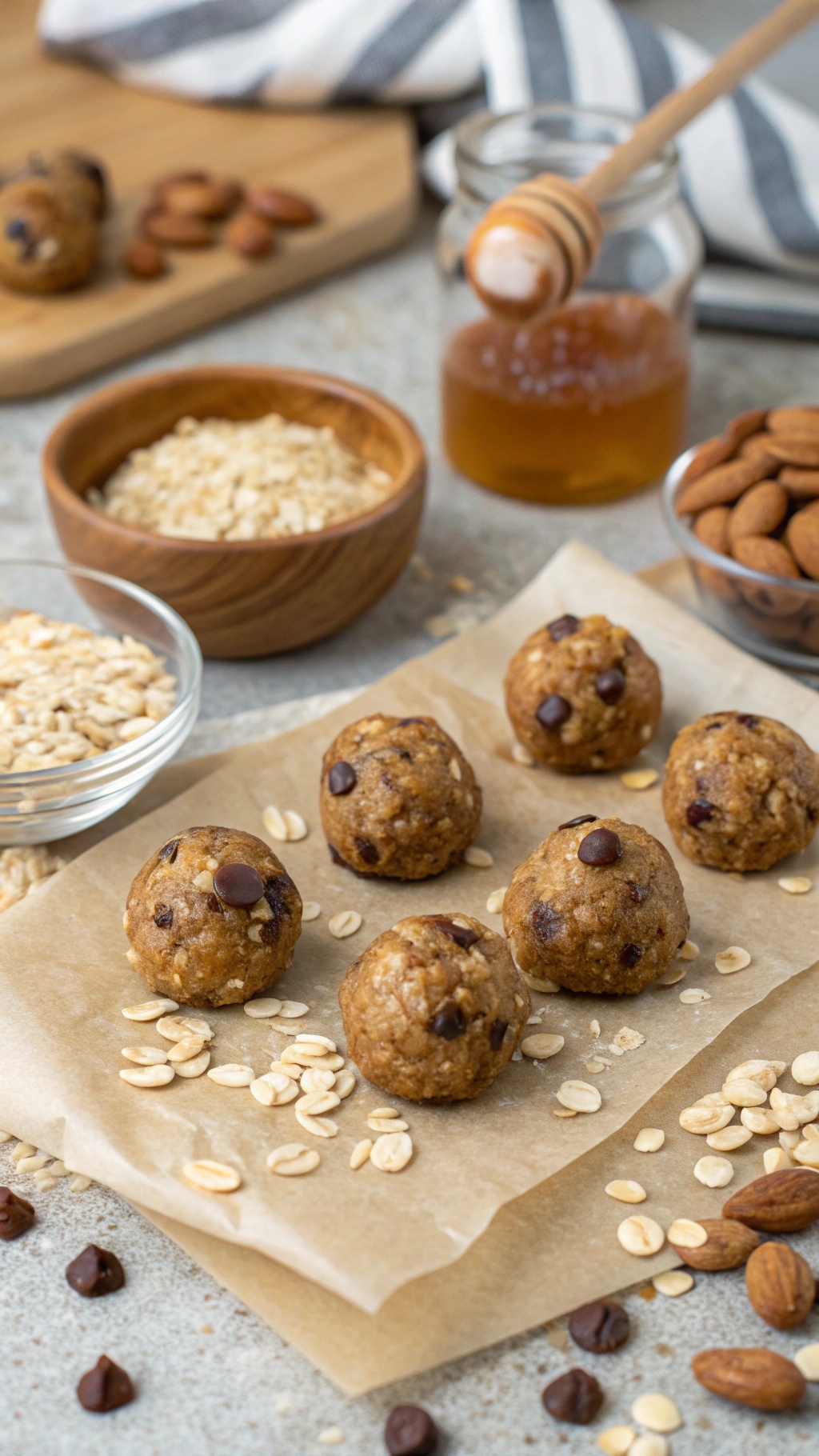 Nutty almond butter energy bites on parchment paper with oats and almonds in the background.