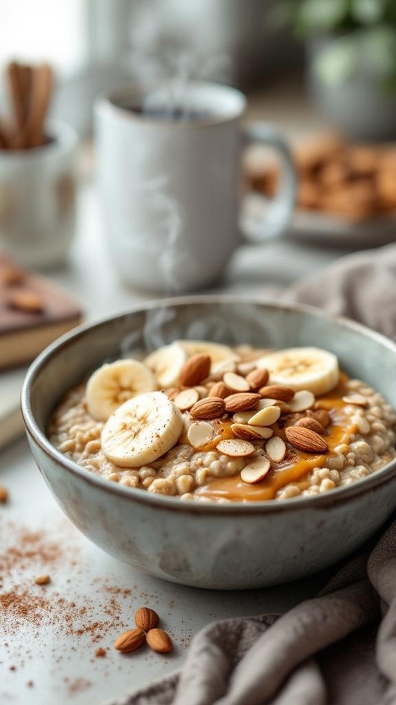 A warm bowl of almond butter oatmeal topped with banana slices and almonds, with a steaming cup of coffee in the background.