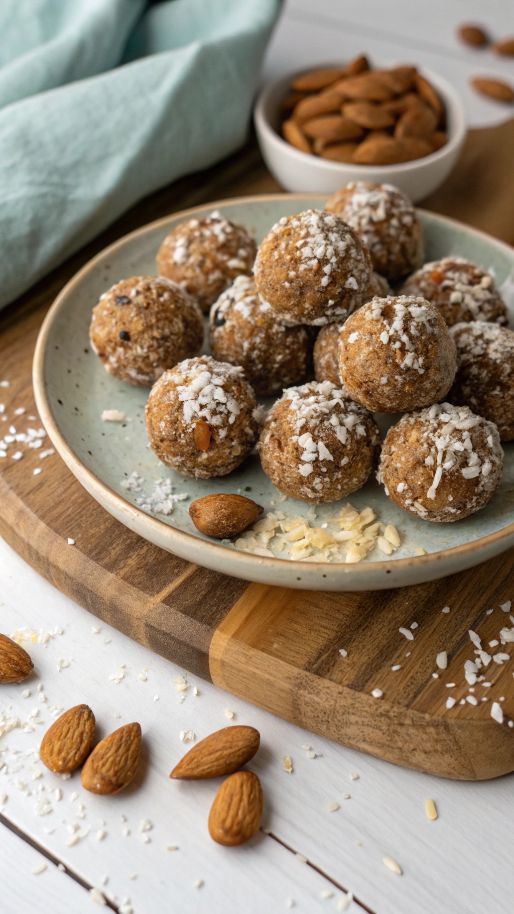 A plate of Nutty Almond Butter Protein Balls topped with coconut flakes, surrounded by almonds.
