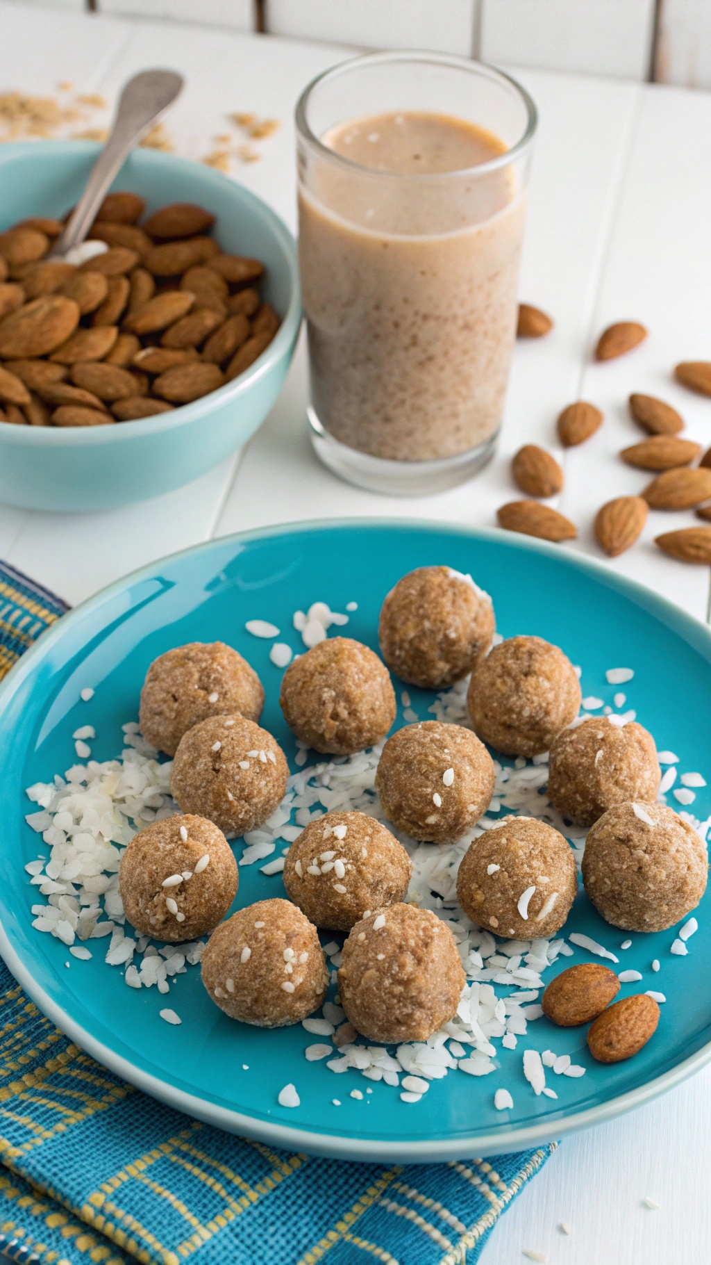 Nutty Almond Energy Bites on a blue plate with coconut flakes and almonds