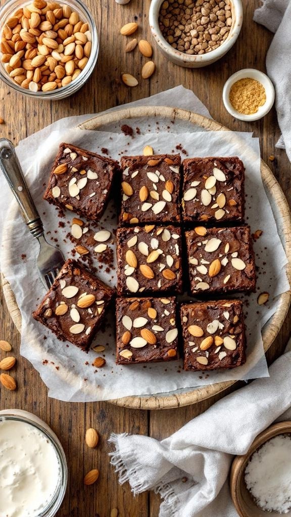 Delicious nutty almond flour brownies topped with almond slices on a wooden table.