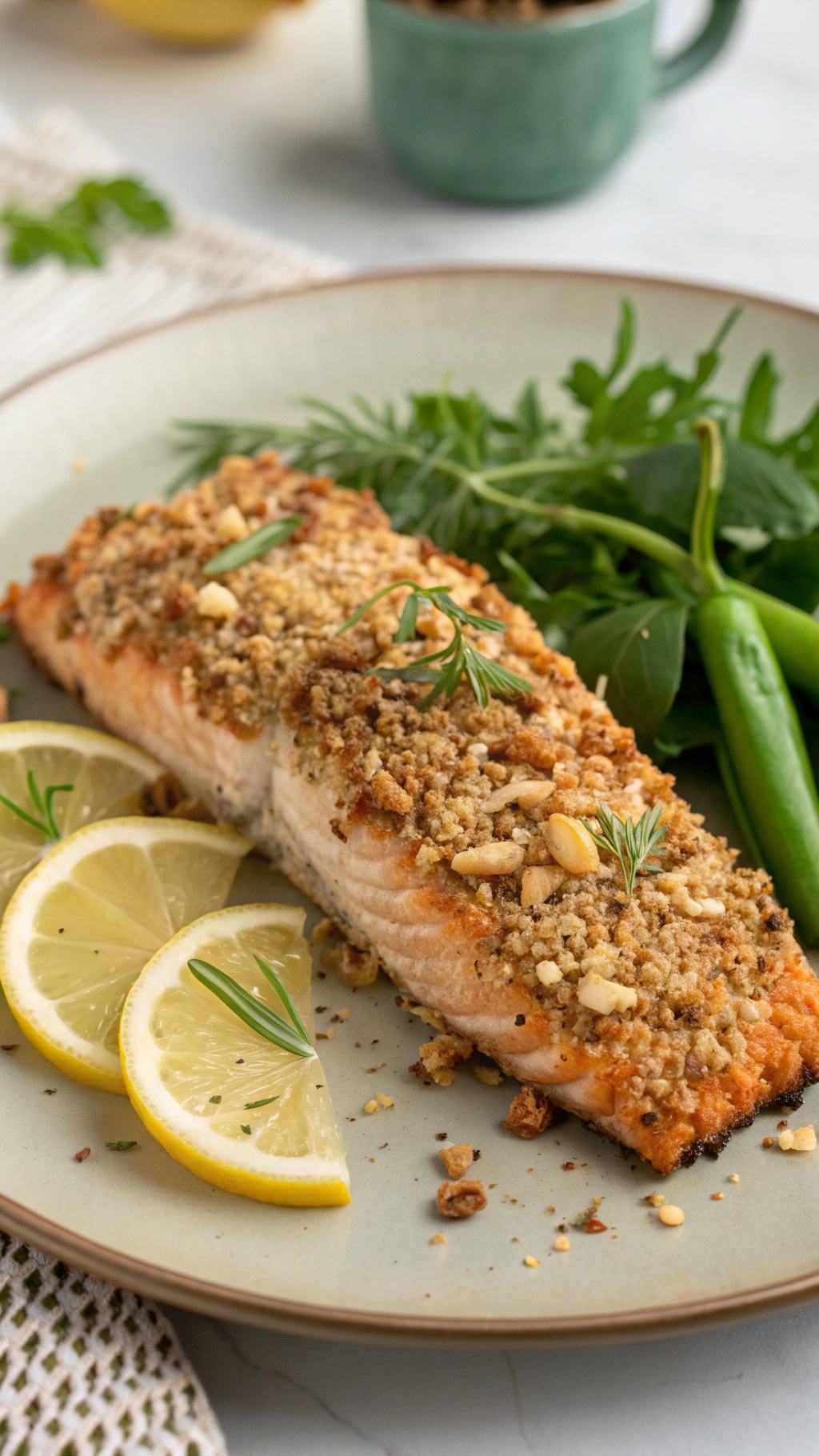 Grilled almond-crusted salmon served with lemon slices and fresh greens
