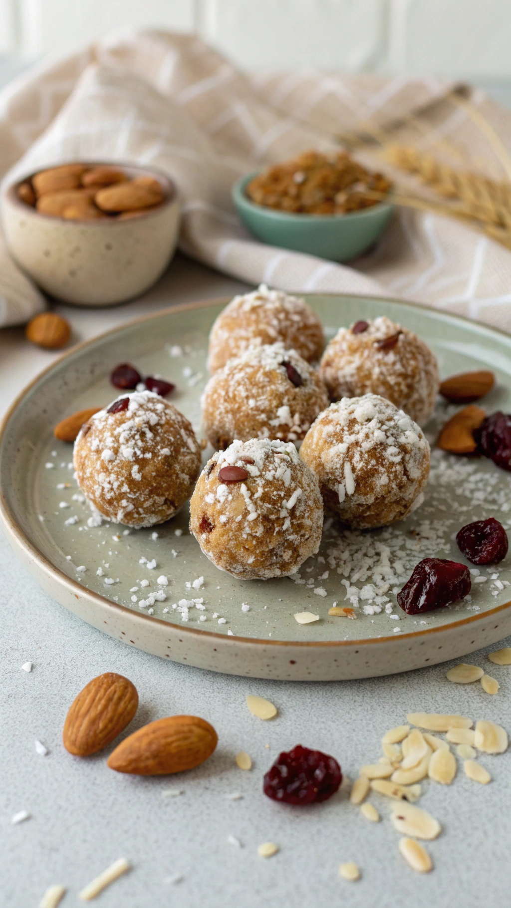 A plate of almond butter energy balls dusted with coconut, surrounded by almonds and dried cranberries.
