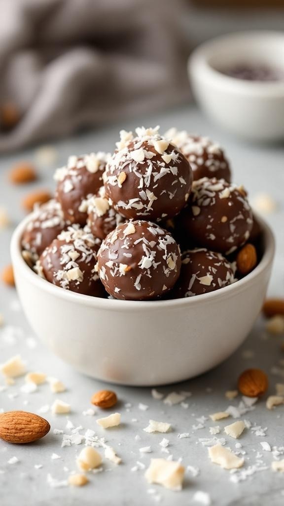 A bowl of Almond Joy Energy Bites topped with shredded coconut and surrounded by almonds.