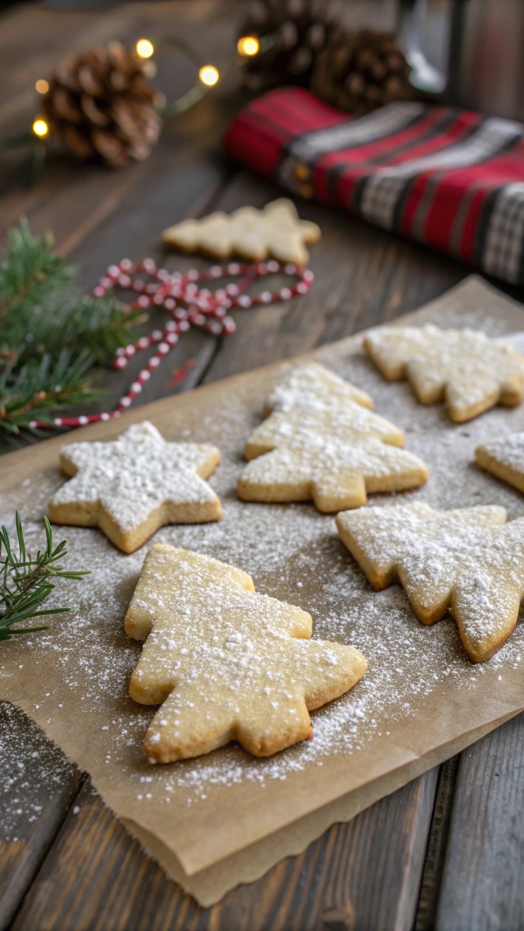 Almond flour Christmas cookies shaped like trees and stars, dusted with powdered sugar on a wooden table.
