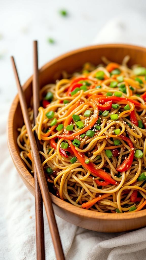Nutty Asian Noodle Salad with colorful vegetables and sesame dressing in a wooden bowl with chopsticks