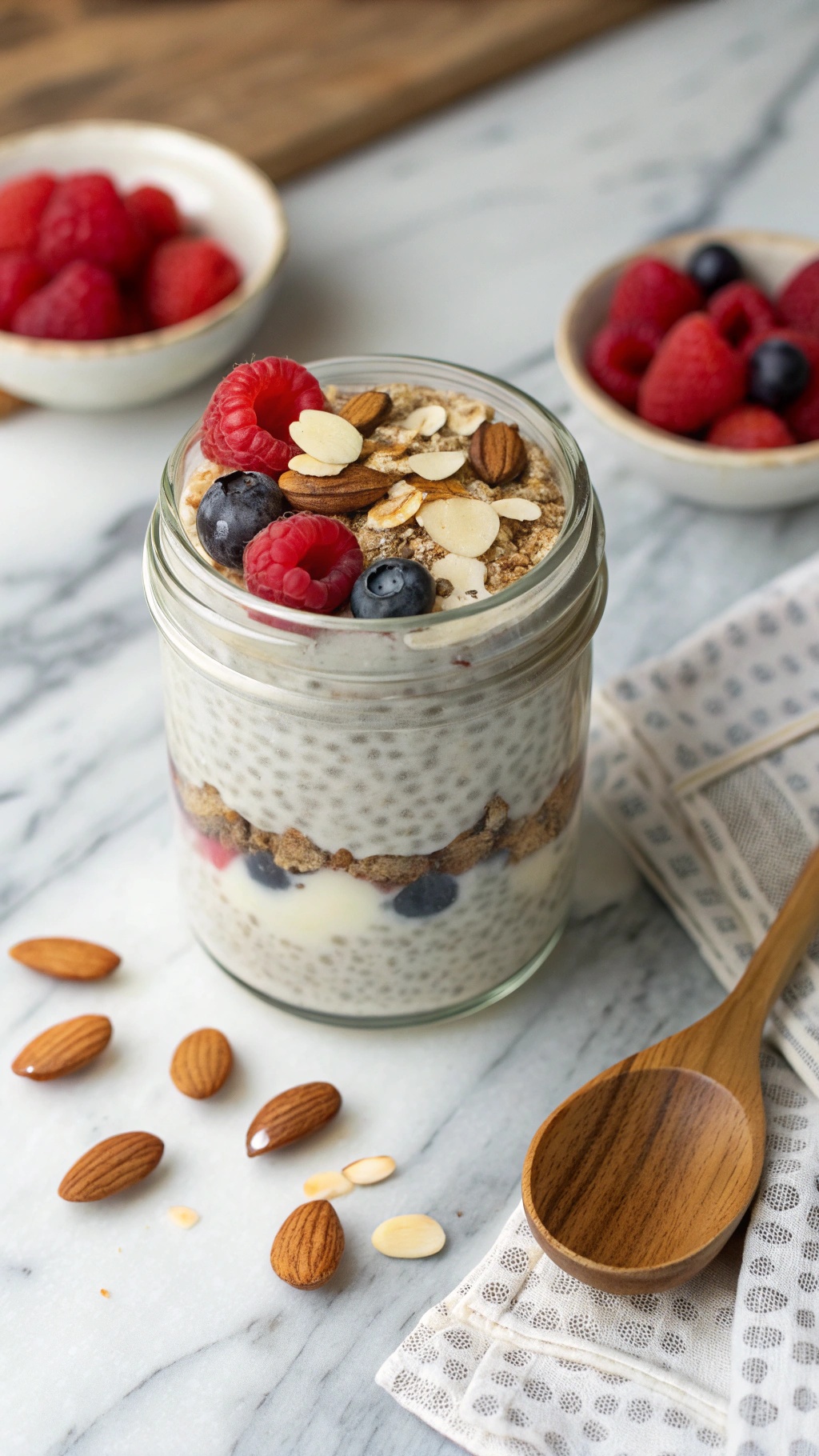 A jar of chia seed pudding layered with berries and nuts, showcasing a healthy breakfast option.