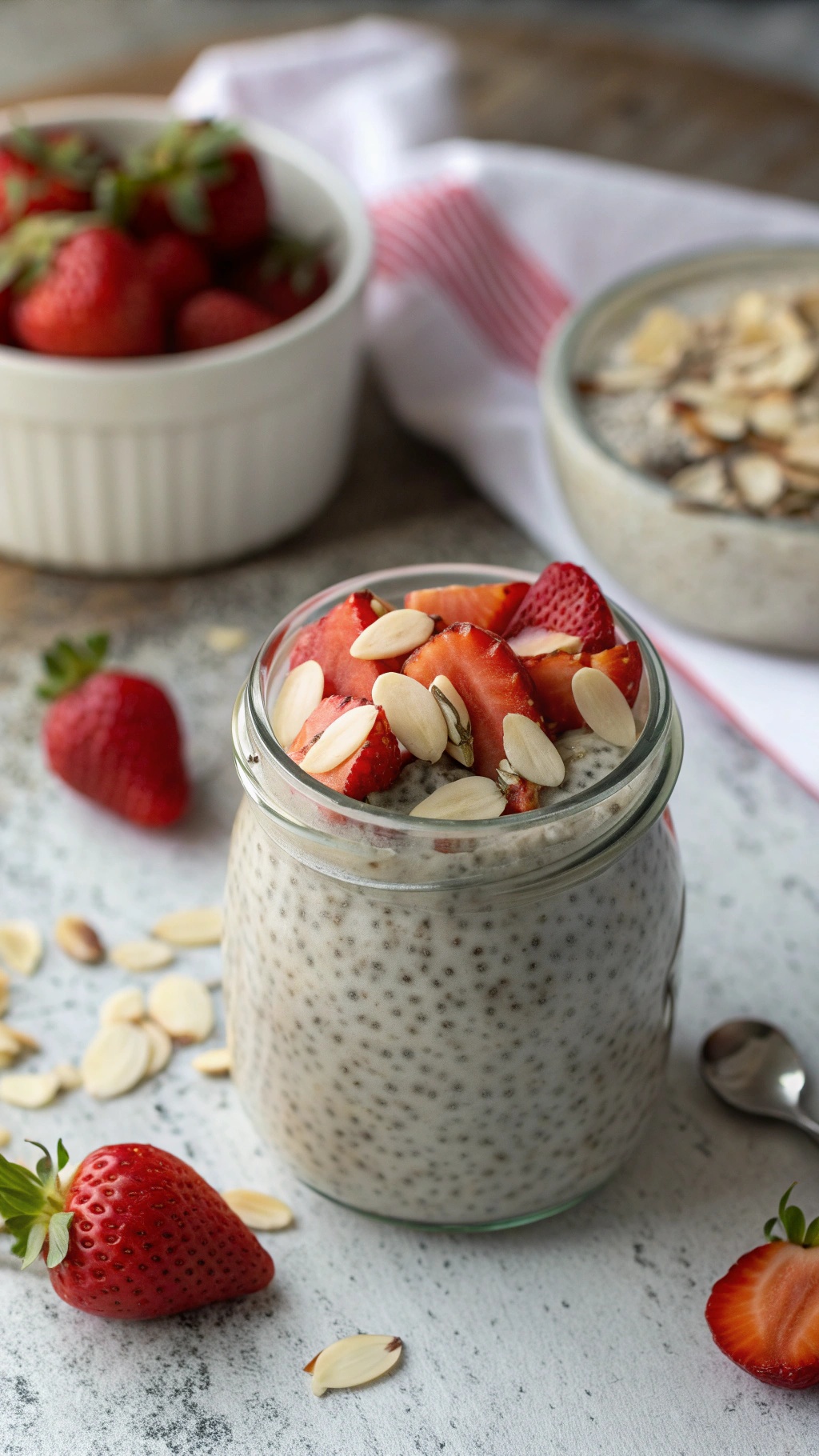 Nutty chia seed pudding topped with strawberries and almonds in a jar