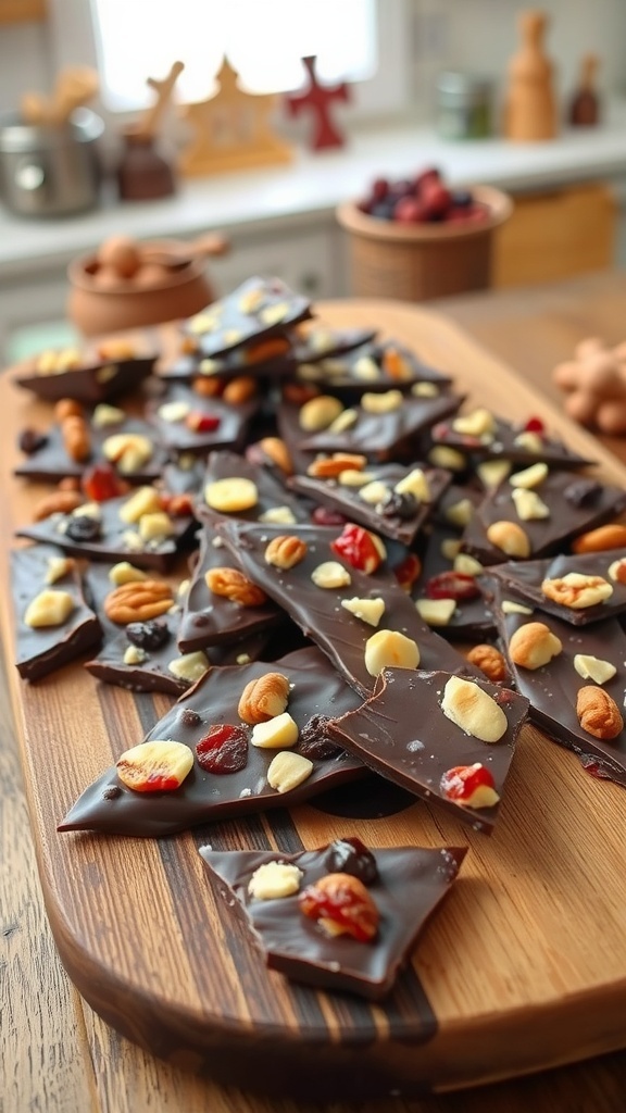 Nutty chocolate bark with dried fruits on a wooden platter