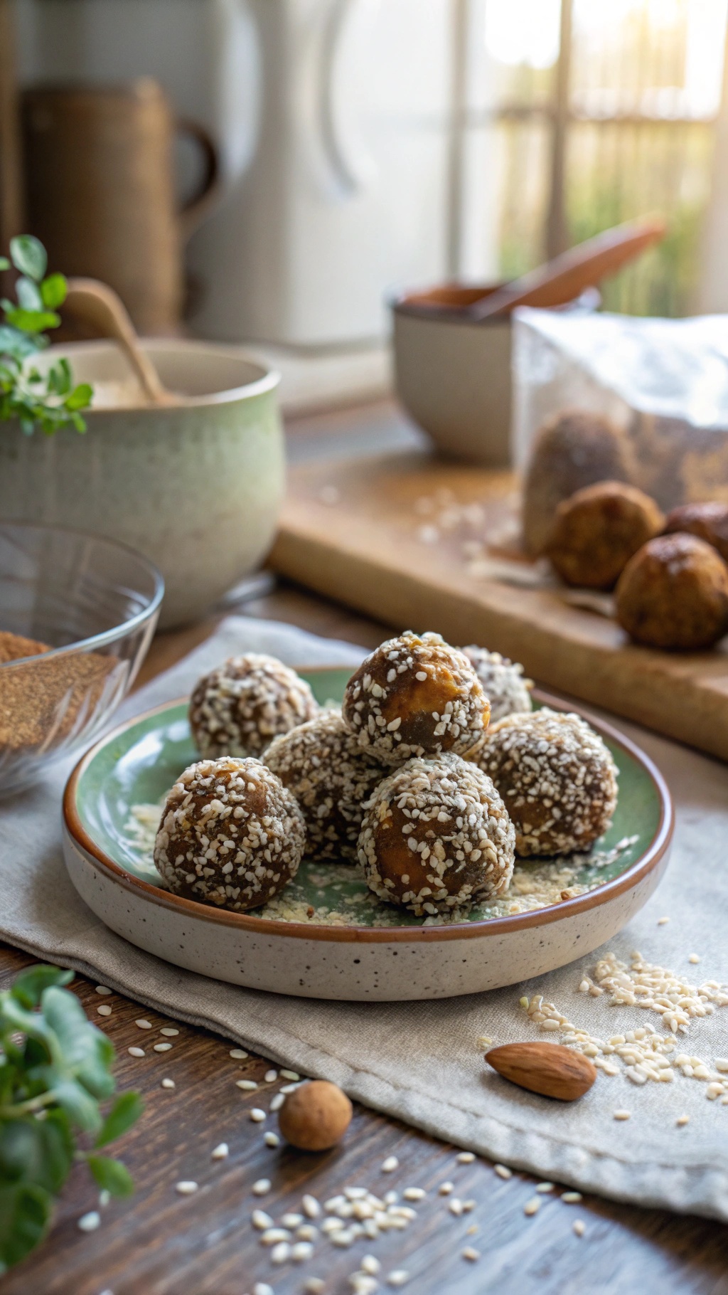 A plate of nutty date energy balls coated in sesame seeds, with ingredients in the background.