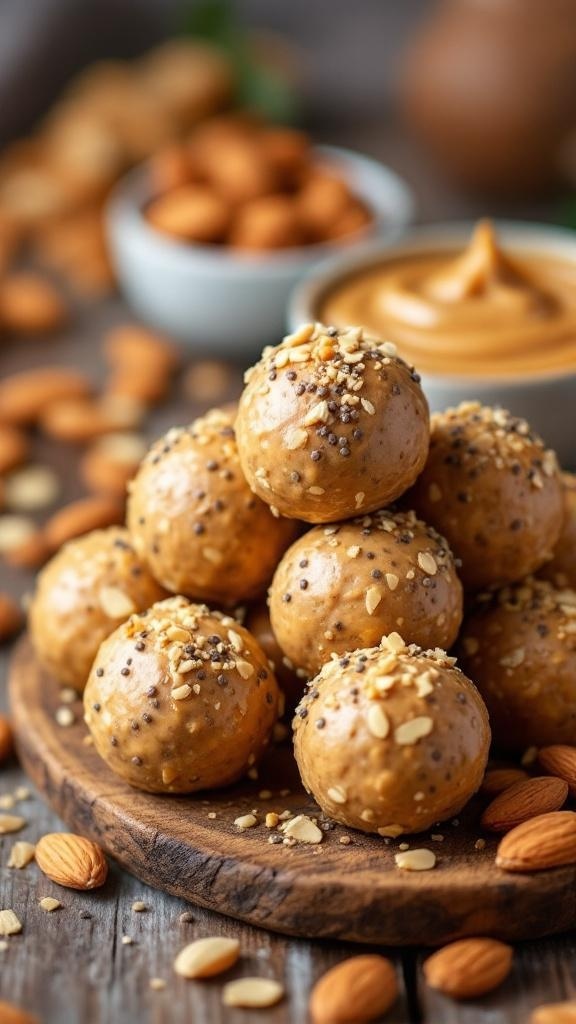 A stack of almond butter protein balls topped with seeds and nuts, with almonds and almond butter in the background.