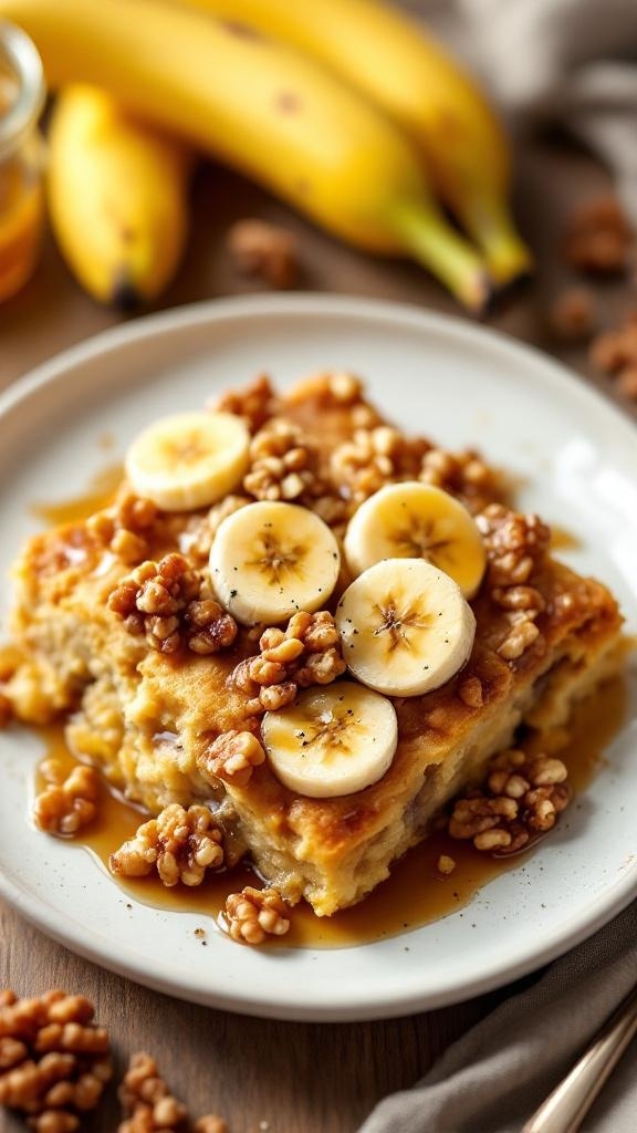 A delicious banana walnut casserole topped with banana slices and walnuts, served on a plate with fresh bananas in the background.