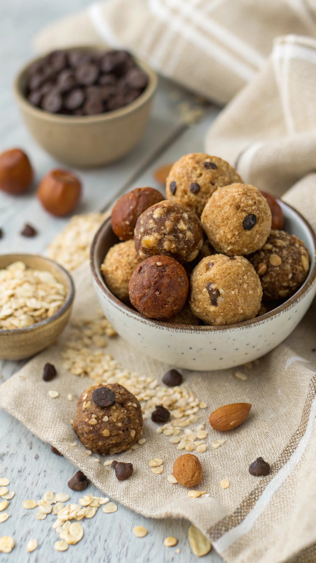 A bowl of nutty energy bites surrounded by oats and chocolate chips.