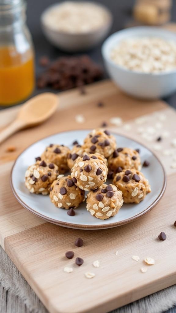 A plate of nutty energy bites topped with oats and chocolate chips, surrounded by ingredients like honey and oats.