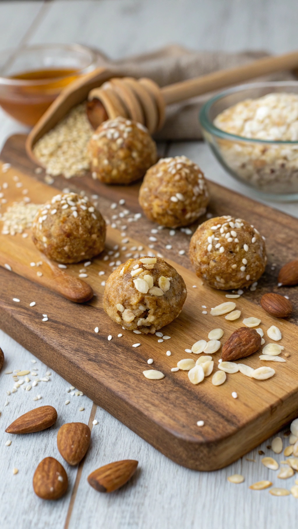 Nutty energy bites made with oats, nuts, and honey on a wooden board