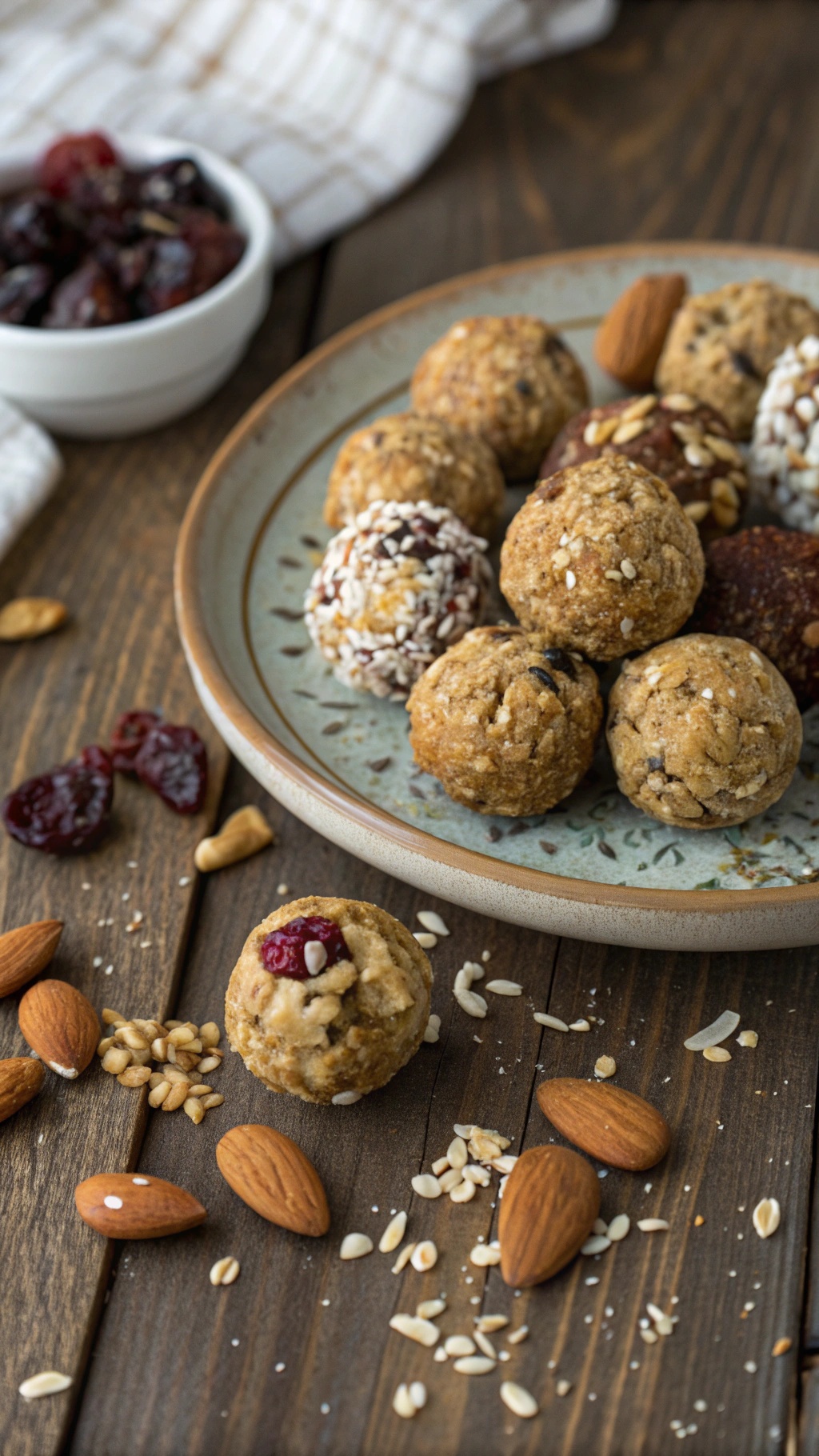 A plate of nutty energy bites with almonds and dried fruit scattered around.