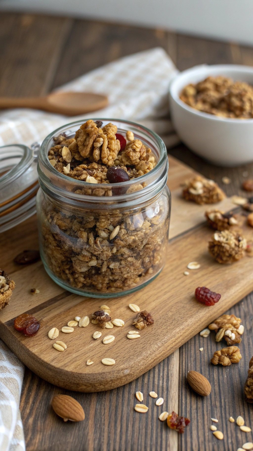 A jar of nutty granola clusters on a wooden board, surrounded by oats and nuts.