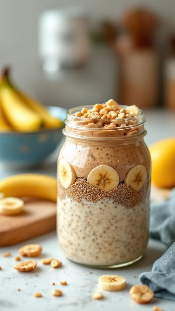 A jar of peanut butter and banana overnight oats topped with banana slices and nuts.