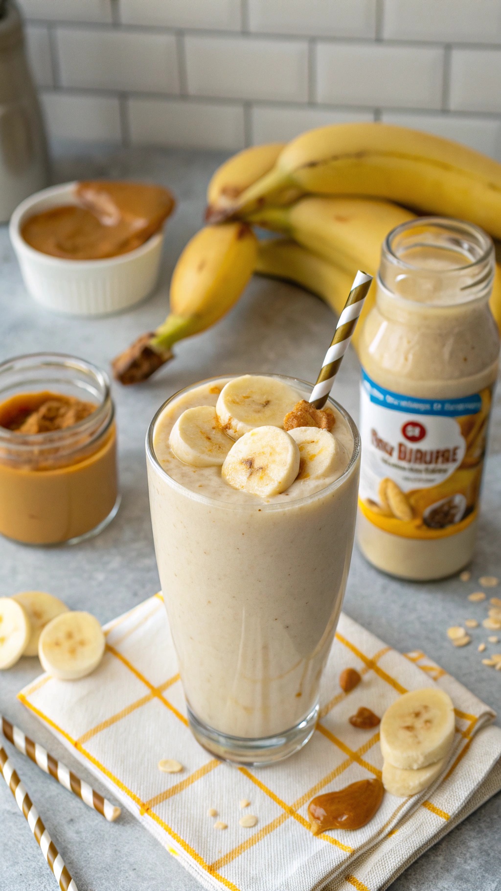 Nutty Peanut Butter Banana Smoothie with banana slices and peanut butter jars