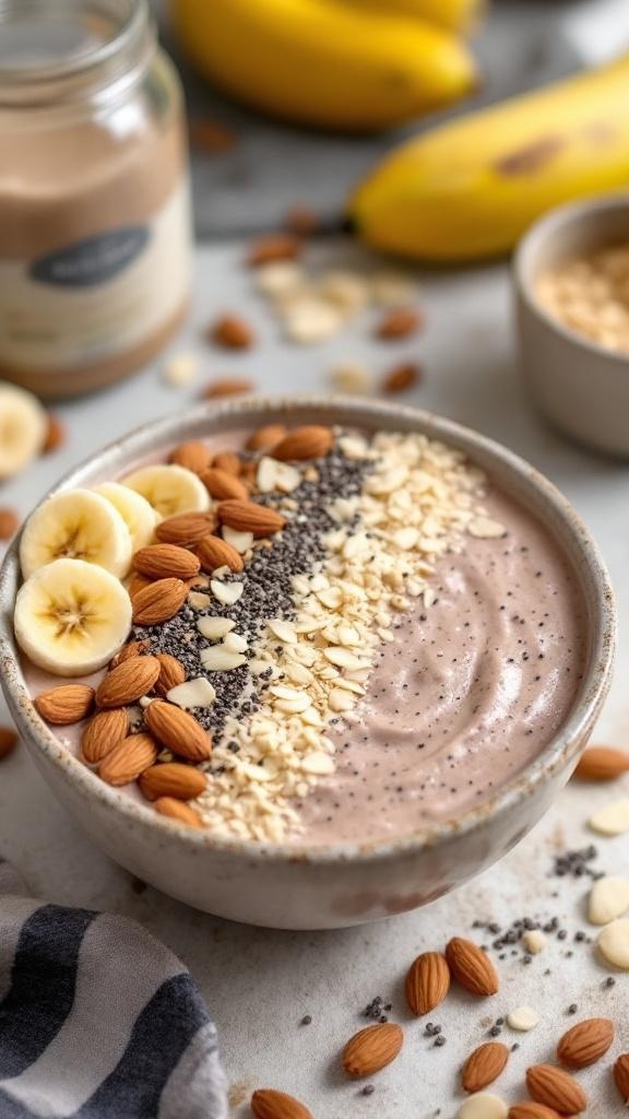 A delicious nutty protein packed smoothie topped with bananas, almonds, and chia seeds.