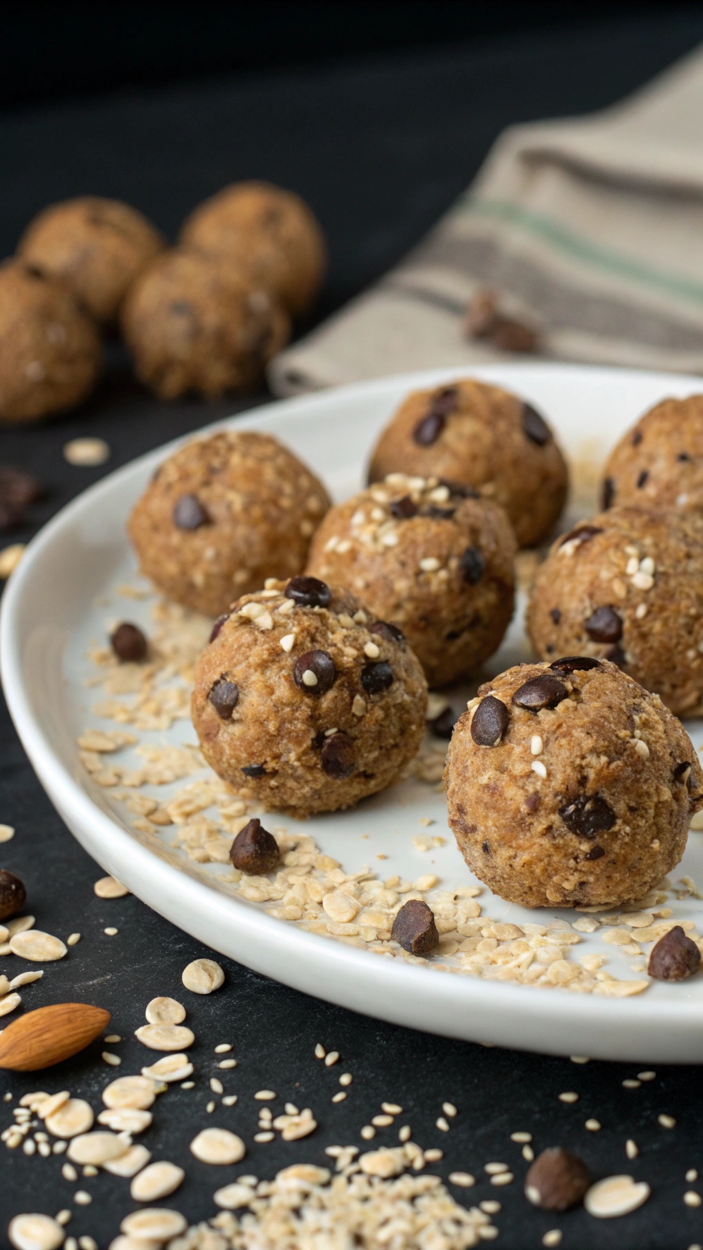 Nutty quinoa protein balls with dark chocolate on a plate, surrounded by oats and nuts.