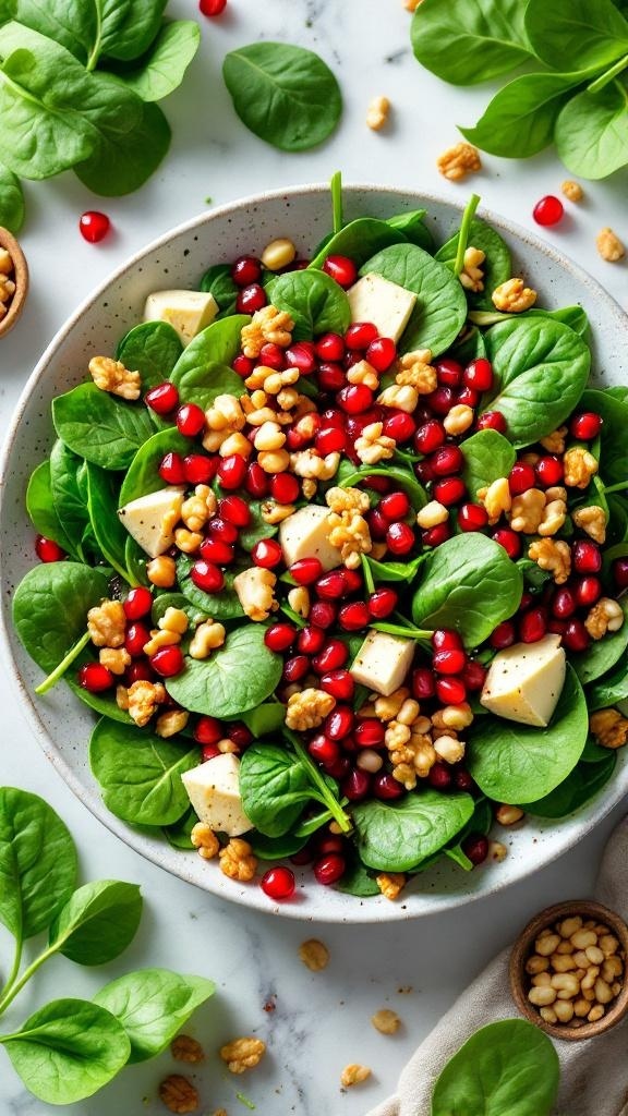 A colorful Nutty Spinach and Pomegranate Salad with spinach leaves, pomegranate seeds, walnuts, and feta cheese.