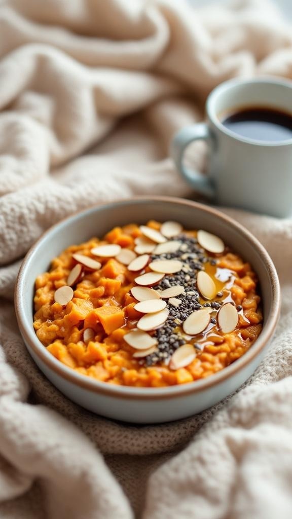 A bowl of nutty sweet potato oatmeal topped with almonds and chia seeds, with a cup of coffee beside it.