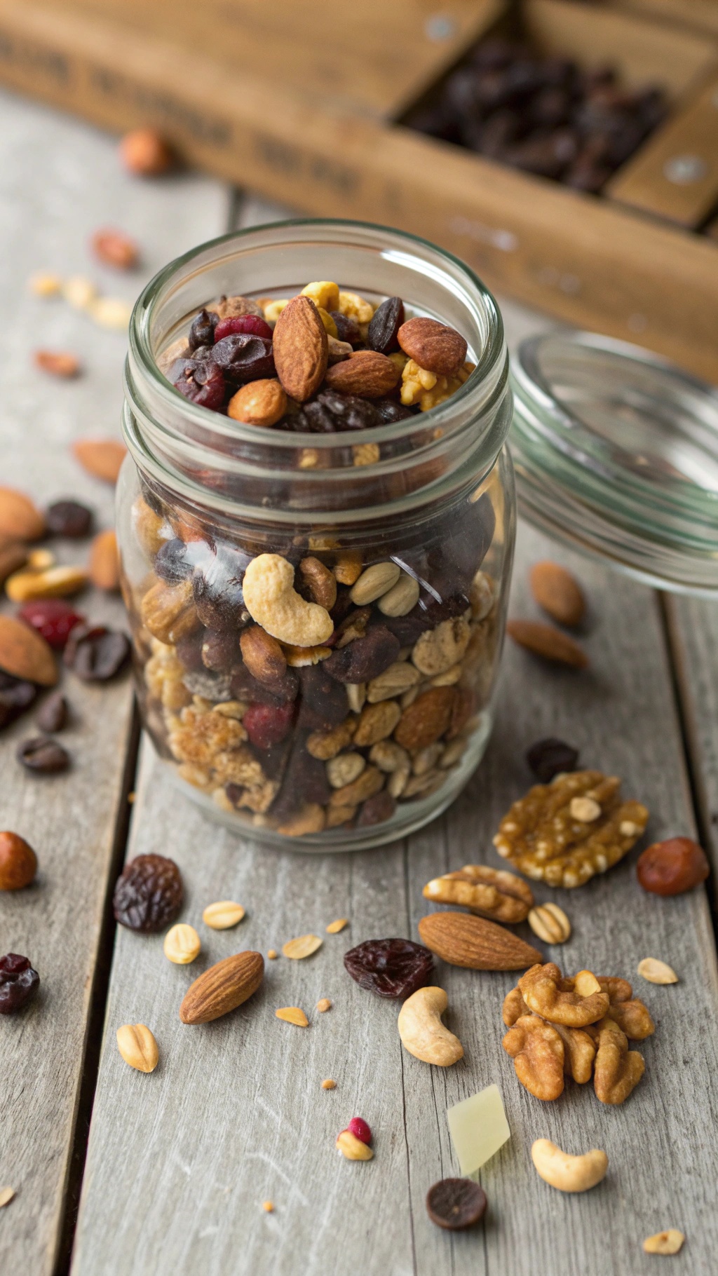A jar filled with a colorful mix of nuts, seeds, and dried fruits on a wooden table.