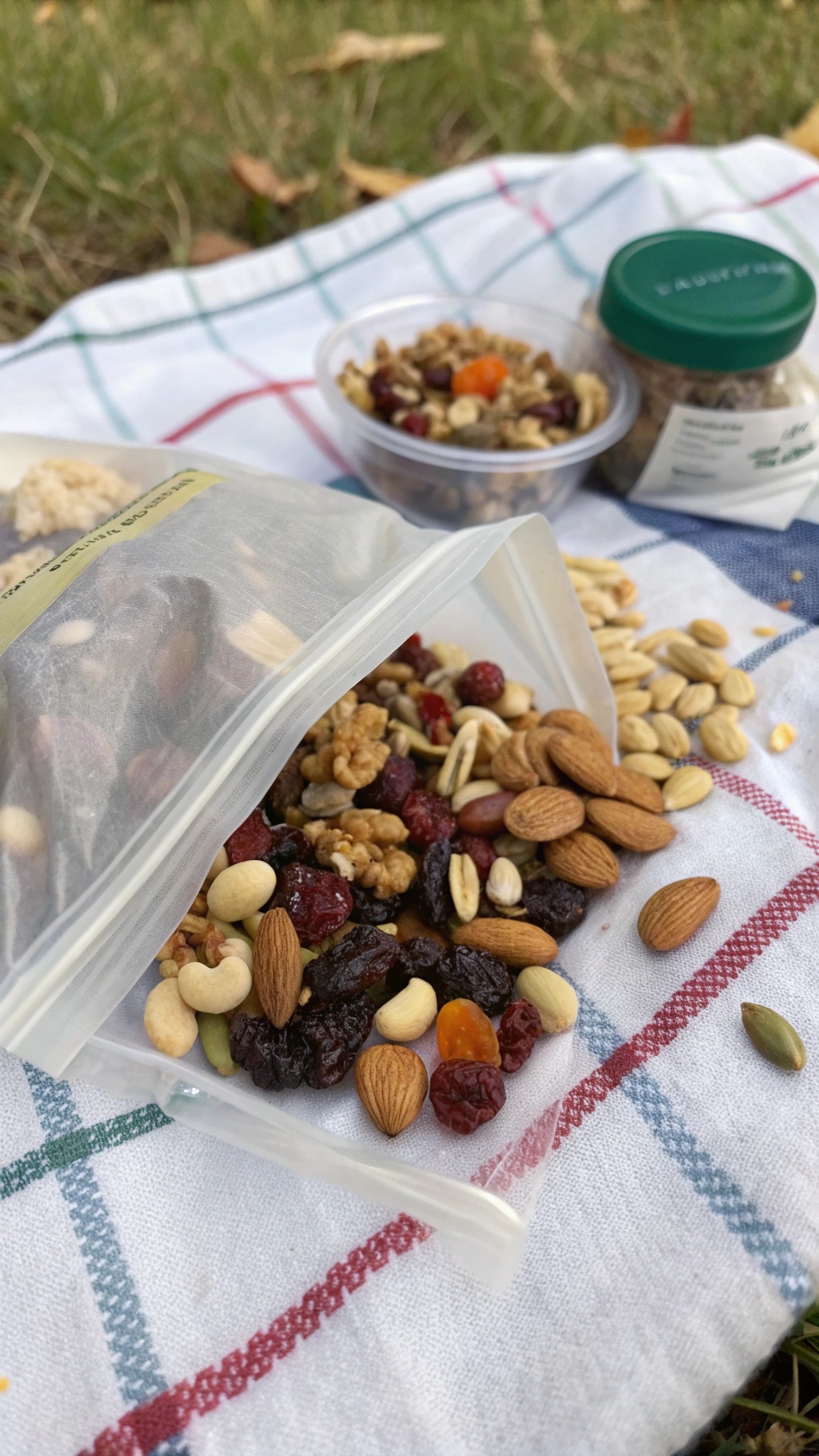 A close-up of a nutty trail mix spread out on a picnic blanket, featuring nuts, seeds, and dried fruits.
