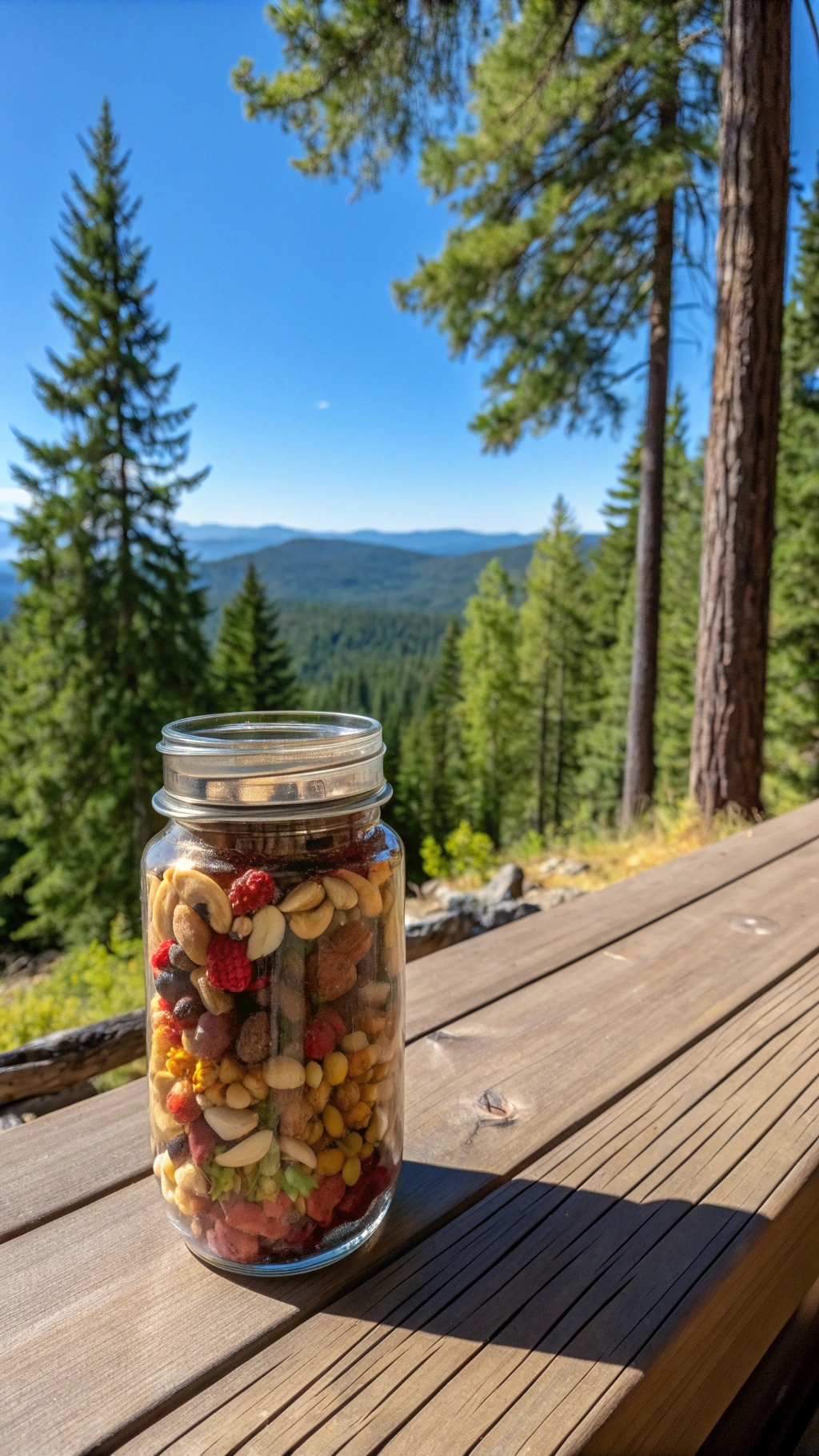 A jar of colorful nutty trail mix set against a scenic outdoor backdrop.