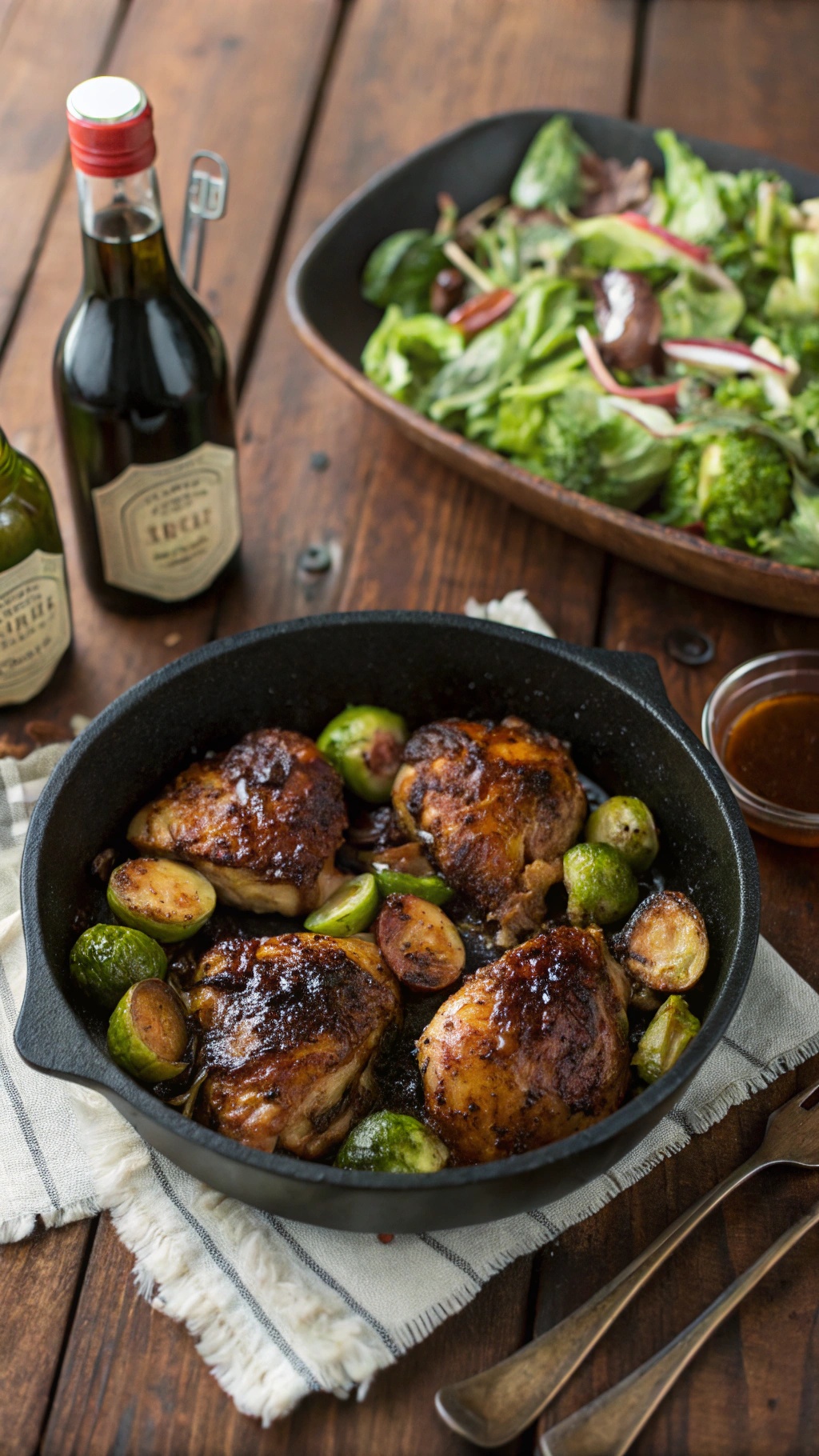 One-Pan Balsamic Chicken and Brussels Sprouts in a skillet with salad on the side.