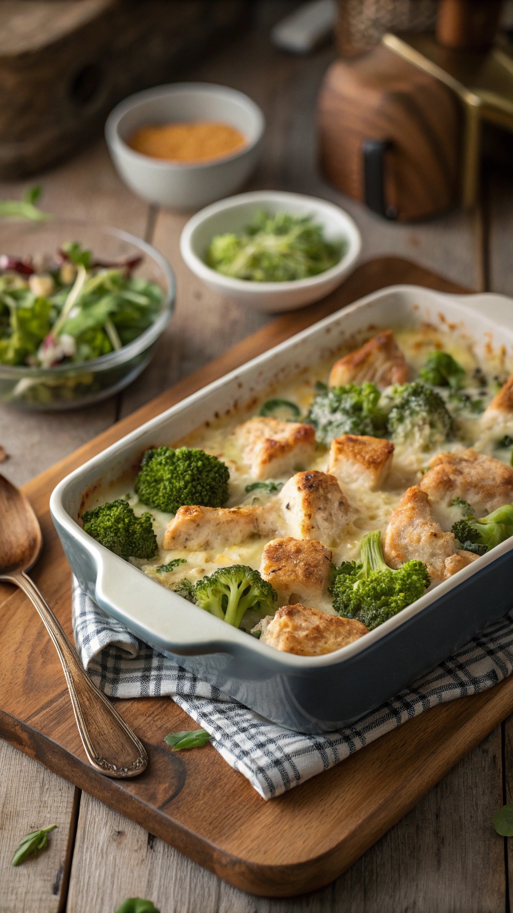 A delicious one-pan cheesy broccoli chicken bake with broccoli and biscuit topping.