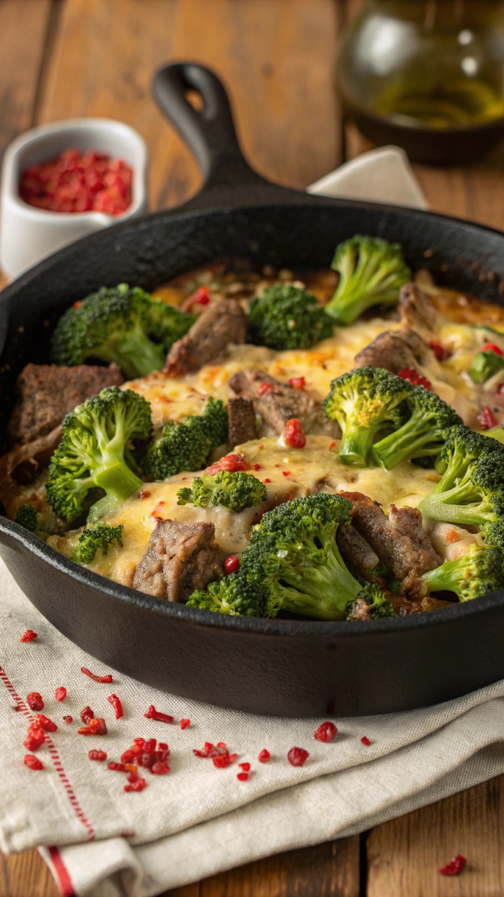 A delicious one-pan cheesy keto beef and broccoli bake, featuring tender beef, vibrant broccoli, and melted cheese.