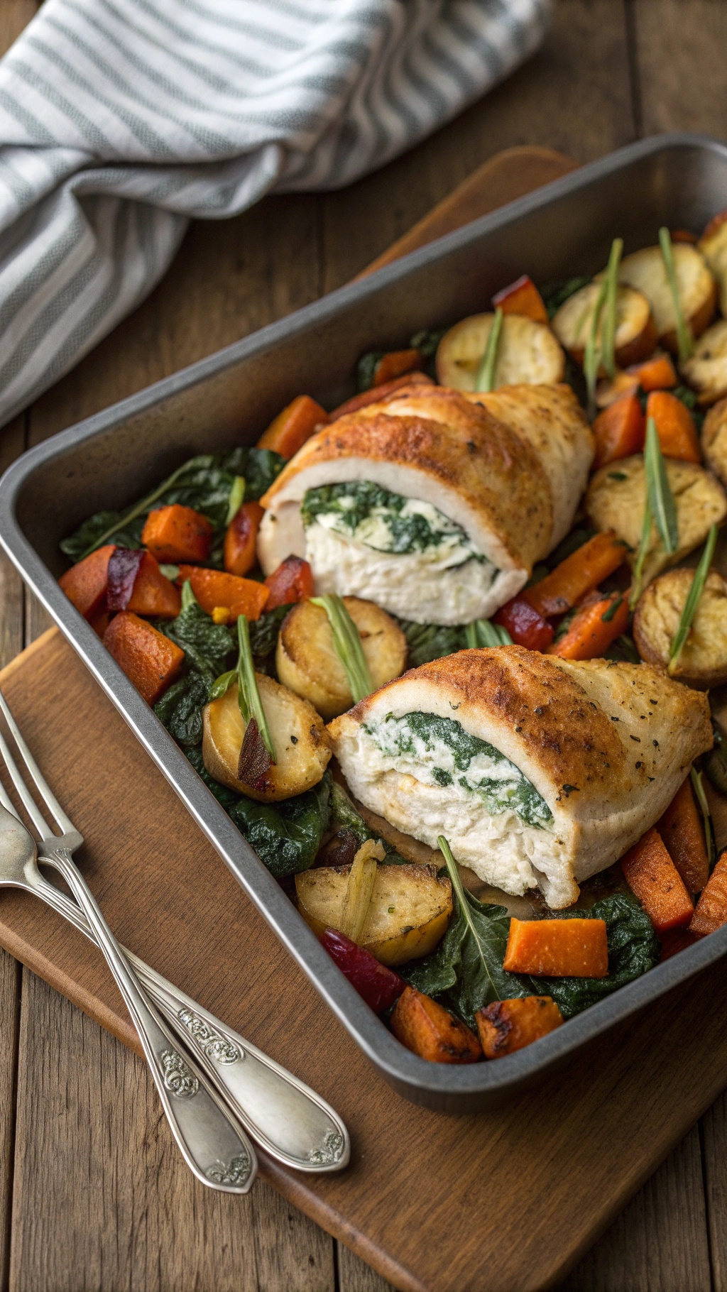 One-Pan Creamy Spinach And Ricotta Stuffed Chicken with roasted vegetables