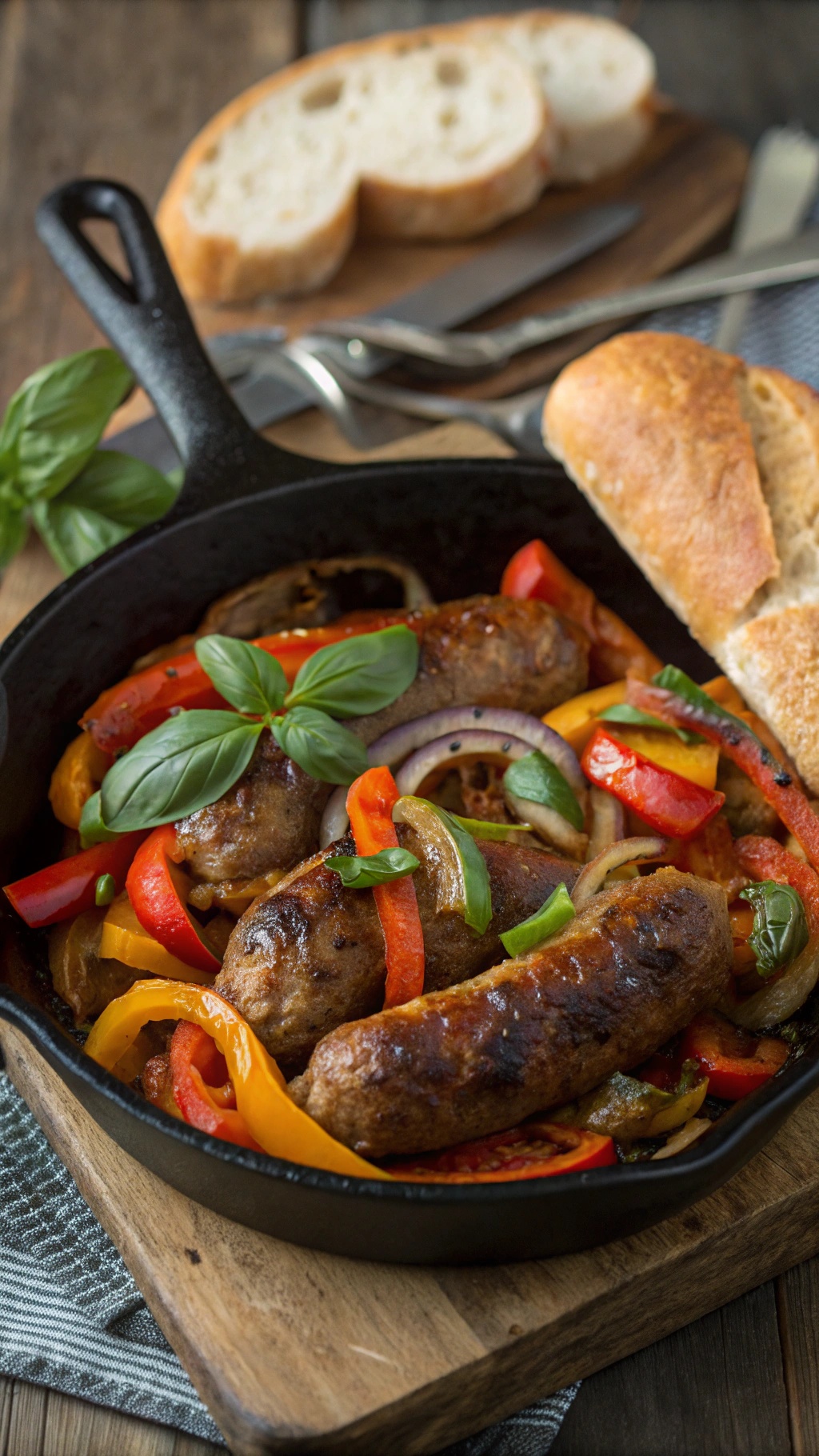 A skillet with Italian sausages and colorful bell peppers, garnished with basil leaves.