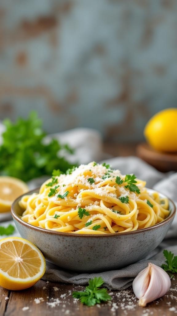 A bowl of lemon garlic pasta garnished with parsley and cheese, with lemon slices and garlic in the background.