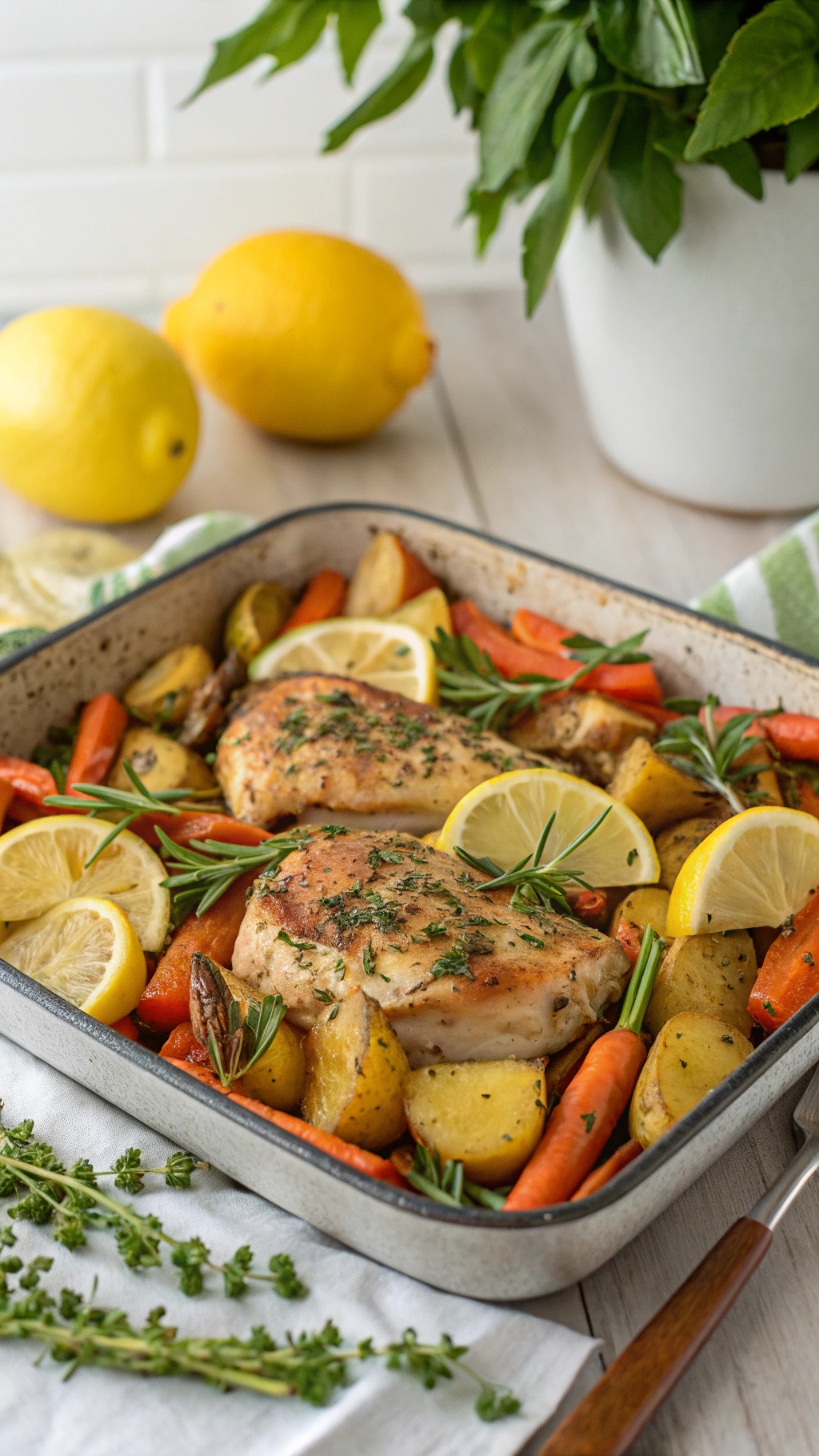 One-Pan Lemon Herb Chicken and Vegetables with fresh herbs and lemon slices.