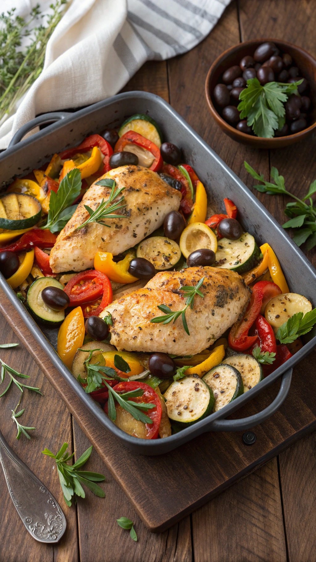 A delicious one-pan Mediterranean chicken and veggies dish with colorful bell peppers, zucchini, and olives.
