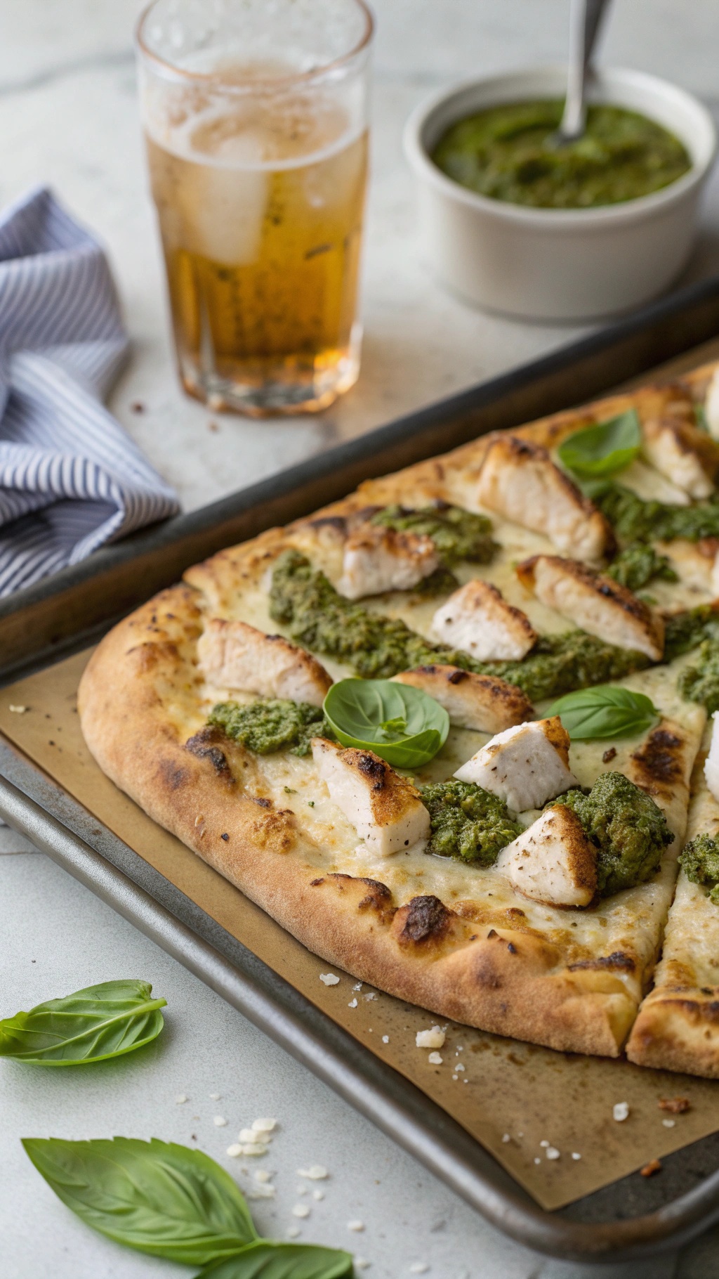 One-pan pesto chicken pizza with fresh basil and a glass of iced drink