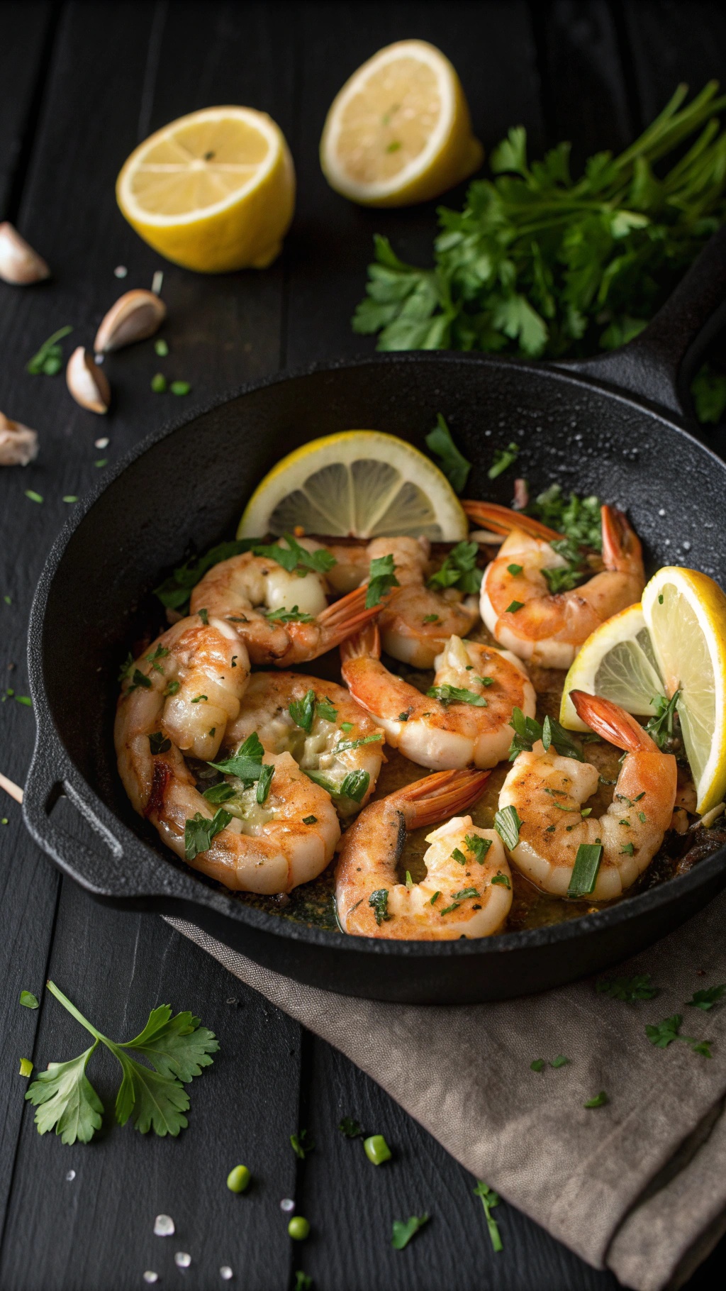 A cast-iron skillet with lemon garlic shrimp, garnished with parsley and lemon slices.