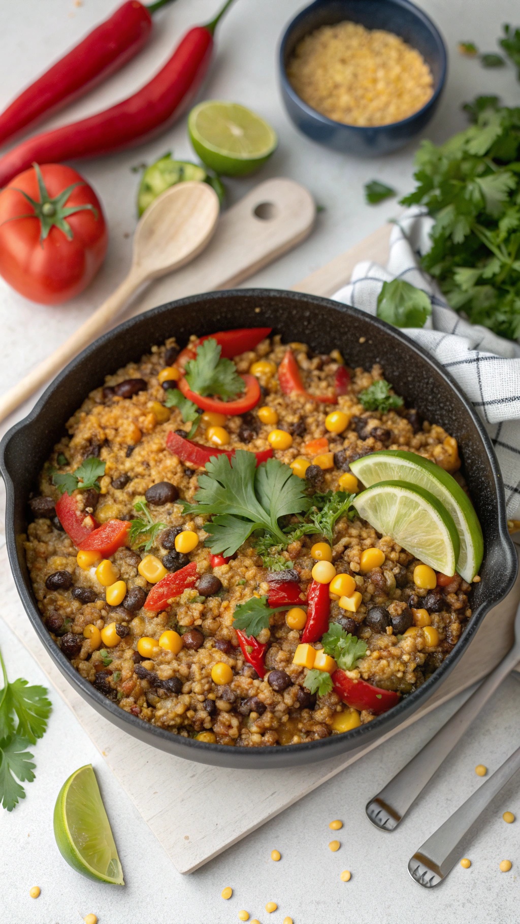 A colorful one-pot cheesy quinoa and black beans dish with red peppers, corn, and cilantro, served in a skillet.