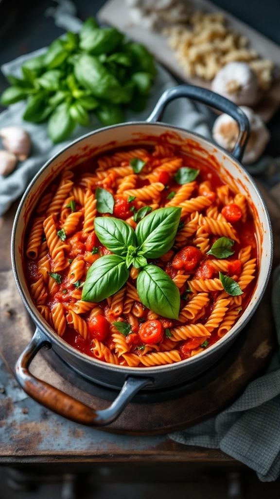A pot of creamy tomato basil pasta with fresh basil leaves on top