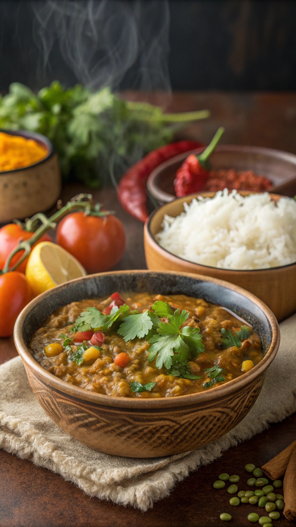 A bowl of lentil curry garnished with cilantro, served with rice and fresh vegetables.