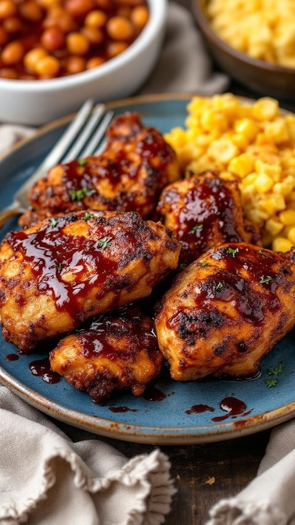 Oven-baked BBQ chicken thighs served with corn and baked beans on a blue plate.