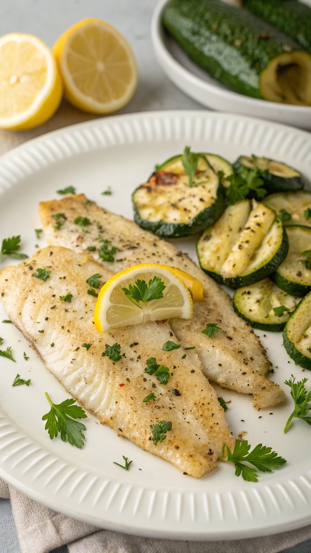 Oven-baked lemon garlic tilapia served with sautéed zucchini and garnished with lemon slices and parsley.