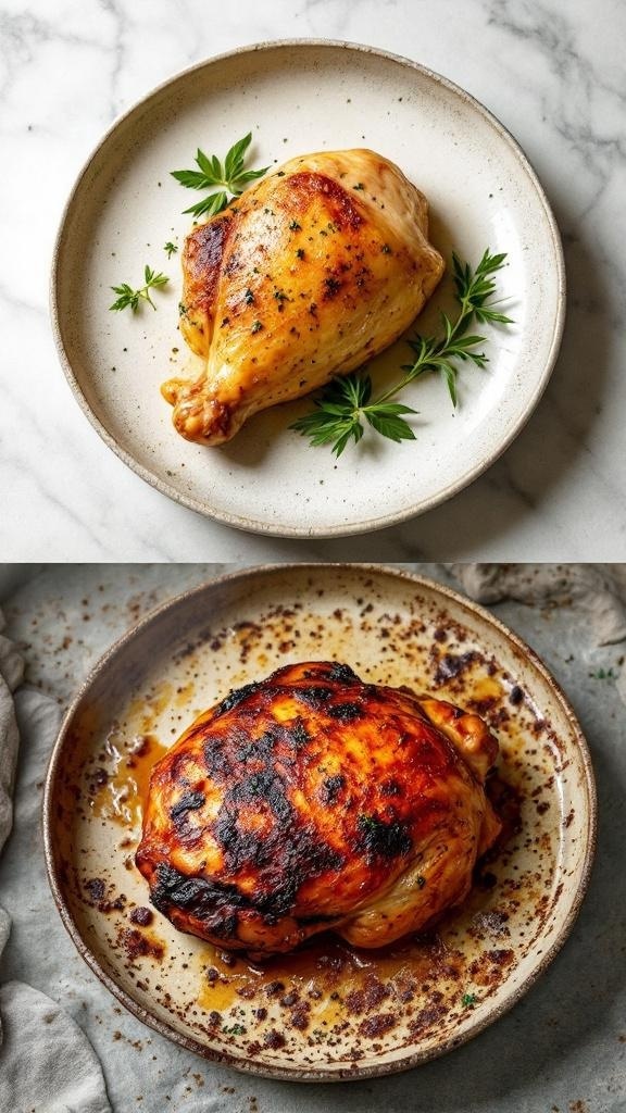 A comparison of two chicken thighs: one perfectly cooked and juicy, the other burnt and unappetizing.