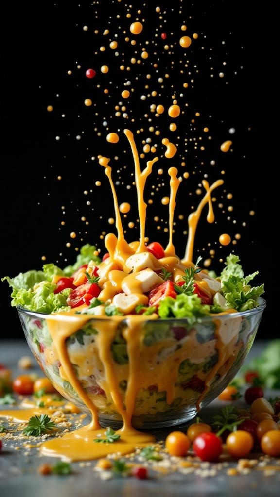 A colorful salad with a thick orange dressing splashing over it.