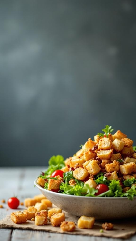 A bowl of salad topped with croutons, greens, and cherry tomatoes.