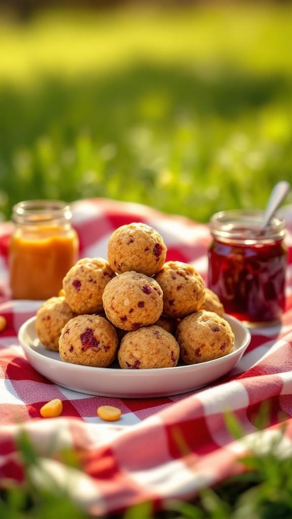 A plate of peanut butter and jelly protein balls with jars of peanut butter and jelly in the background, set on a picnic blanket.