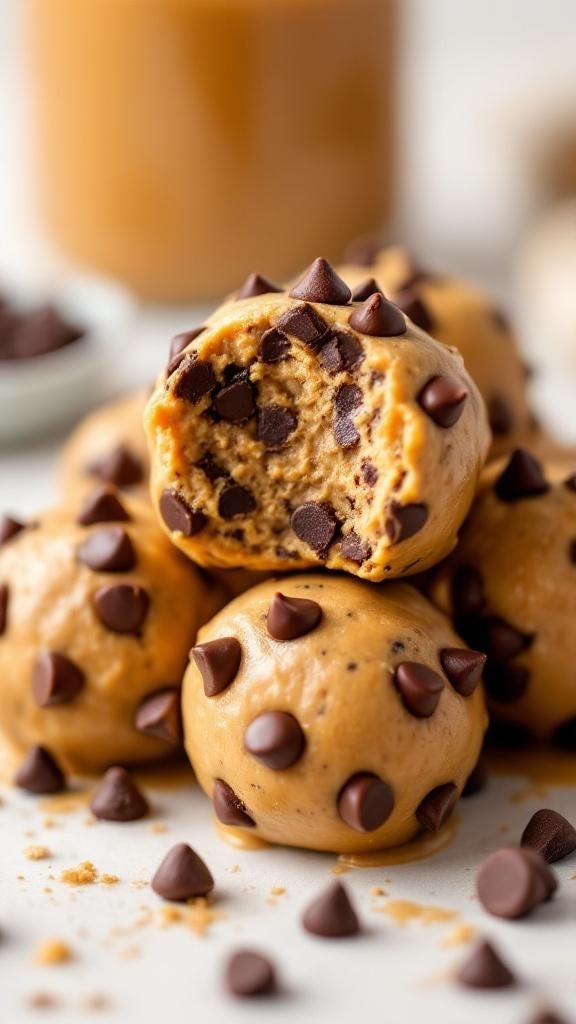 A stack of peanut butter chocolate chip protein balls with a bite taken out of one.